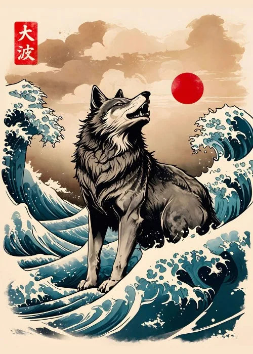 Wolf on waves with a red sun and Japanese text in the corner