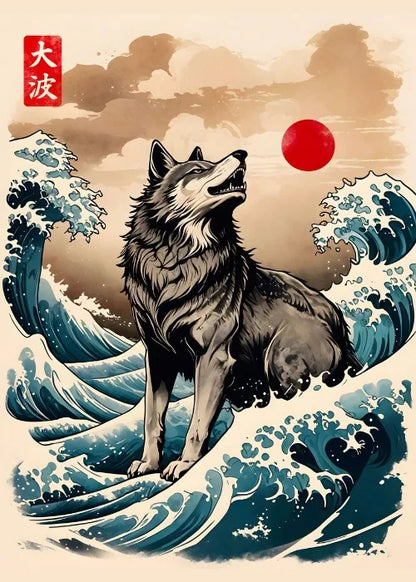 Wolf on waves with a red sun and Japanese text in the corner