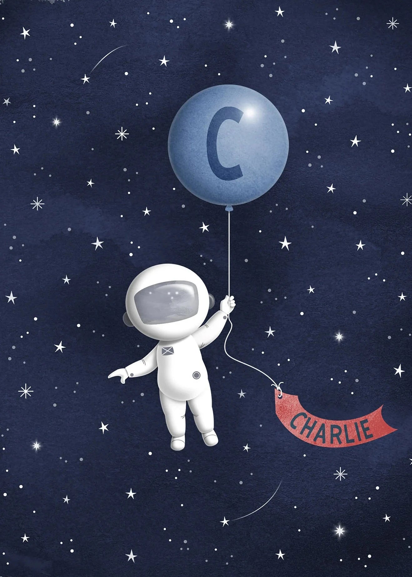 Illustration of an astronaut floating in space with a blue balloon and 'Charlie' banner.