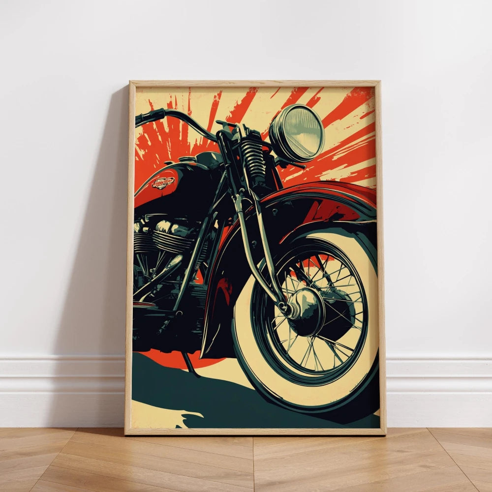 Framed poster of a motorcycle with a red and orange abstract background on a white wall.