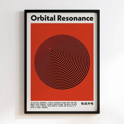 Framed poster titled 'Orbital Resonance' with a red background and black text and design.