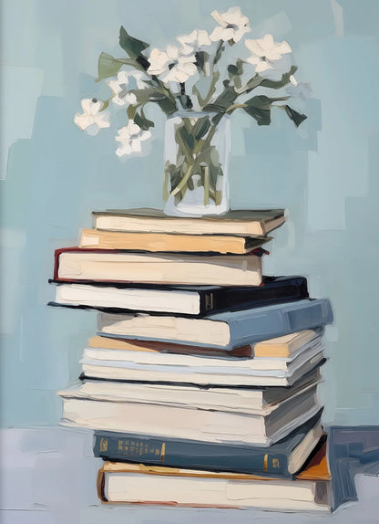 Stack of books with a vase of flowers on a light blue background