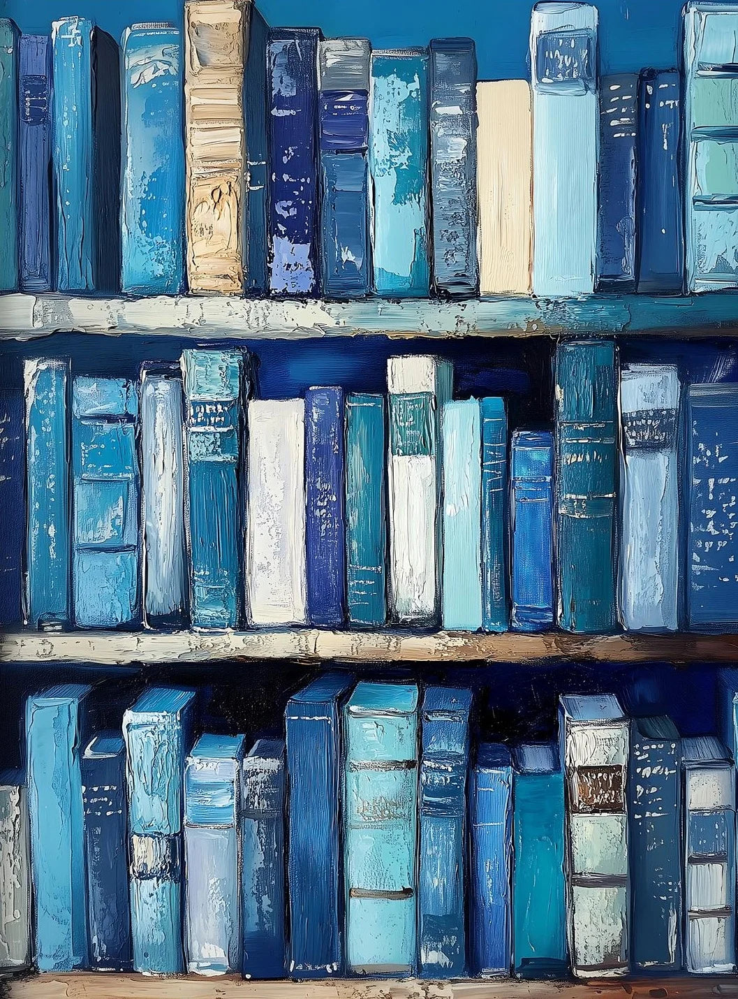 Shelves filled with blue books of various sizes and colors against a blue wall.