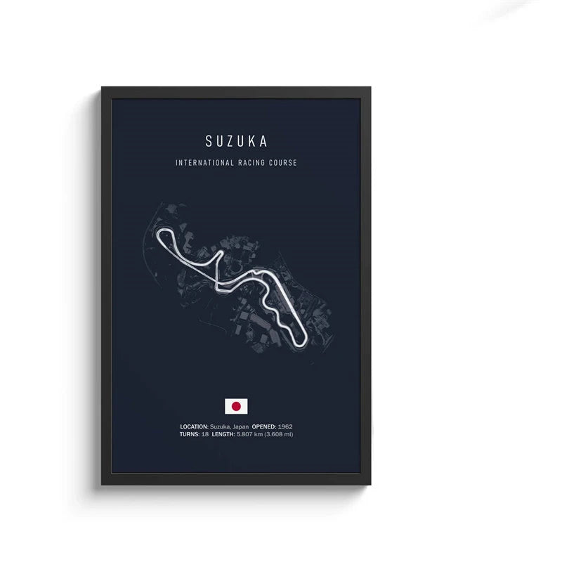 Framed poster of Suzuka International Racing Course layout on a dark blue background