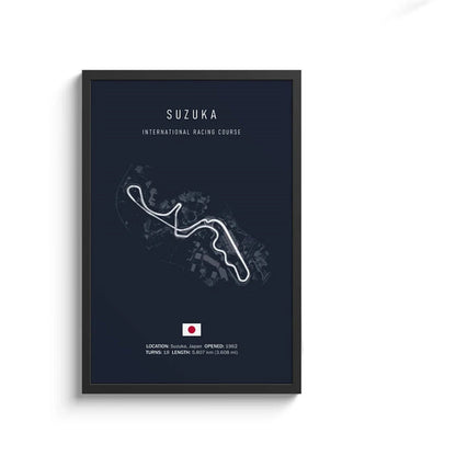 Framed poster of Suzuka International Racing Course layout on a dark blue background