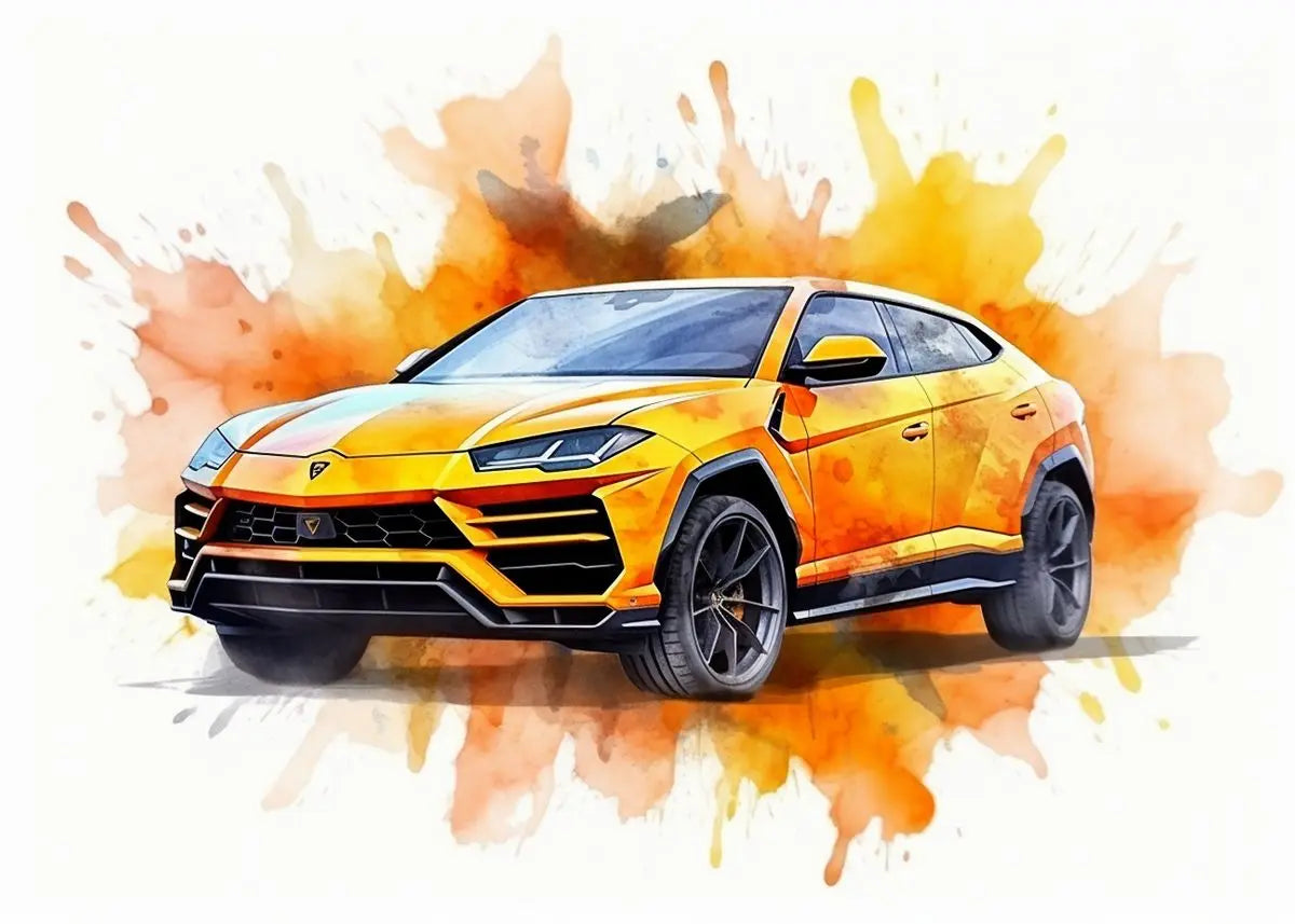 Orange sports car with watercolor splash background