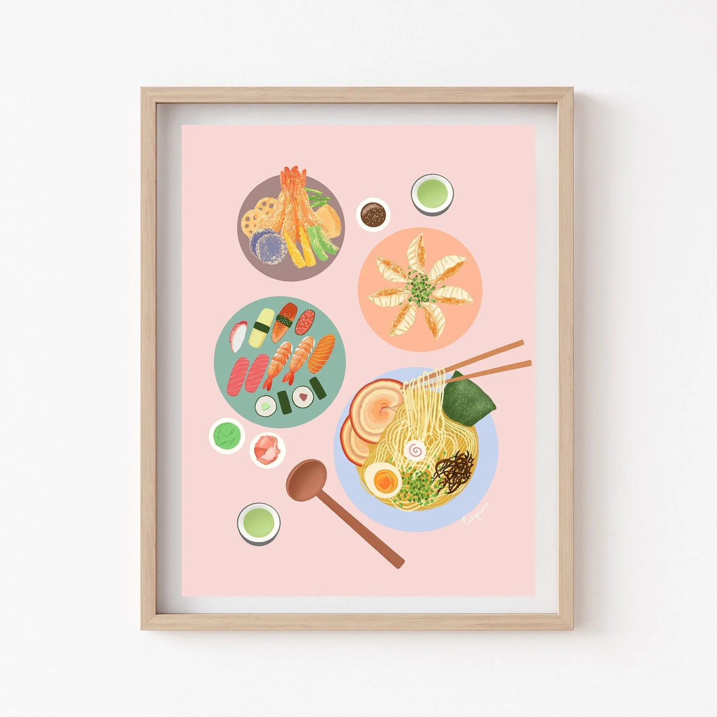 Framed artwork of various Japanese dishes on a pink background