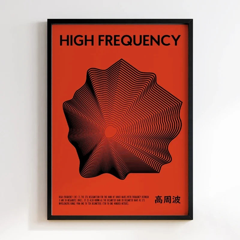 Framed poster with 'HIGH FREQUENCY' text and black abstract design on a red background.