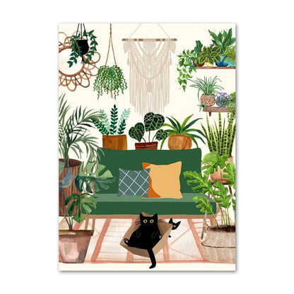 Illustration of a living room with a green sofa, plants, and a black cat.