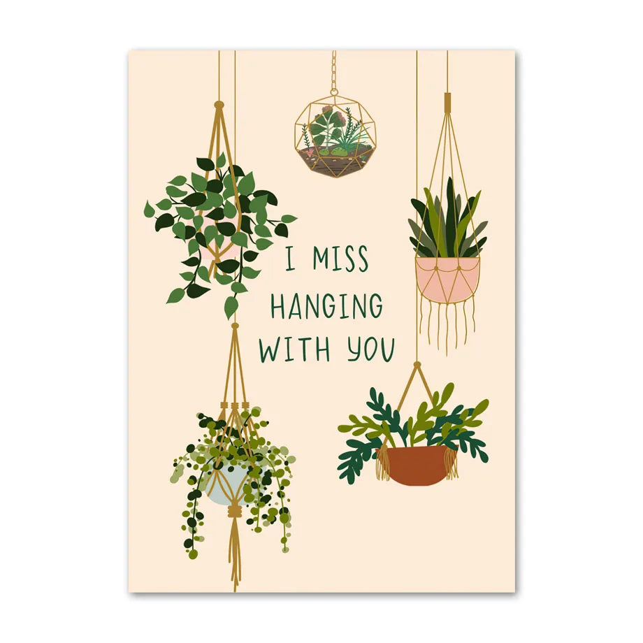 Poster with illustrations of hanging plants and text 'I Miss Hanging With You' on a beige background.