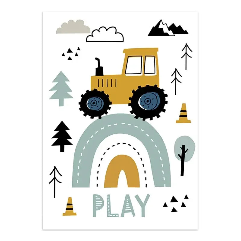 Children's poster with a yellow tractor, rainbow, trees, and clouds on a white background.