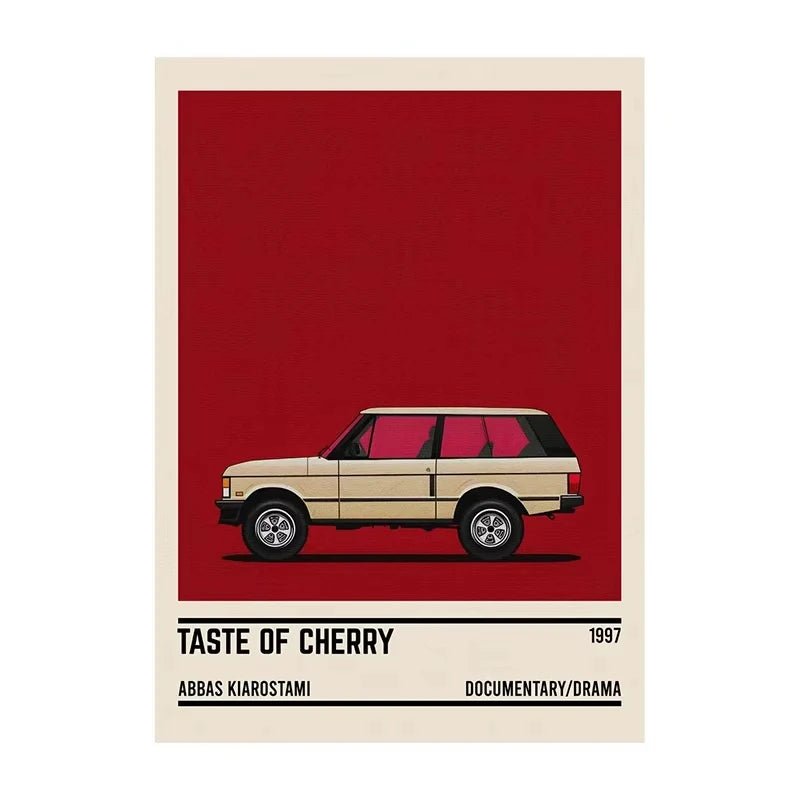 Poster of a beige car on a red background with text about 'Taste of Cherry' film.