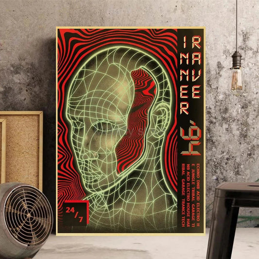Futuristic head design poster with red and green colors on a textured wall. Canvas & Curio