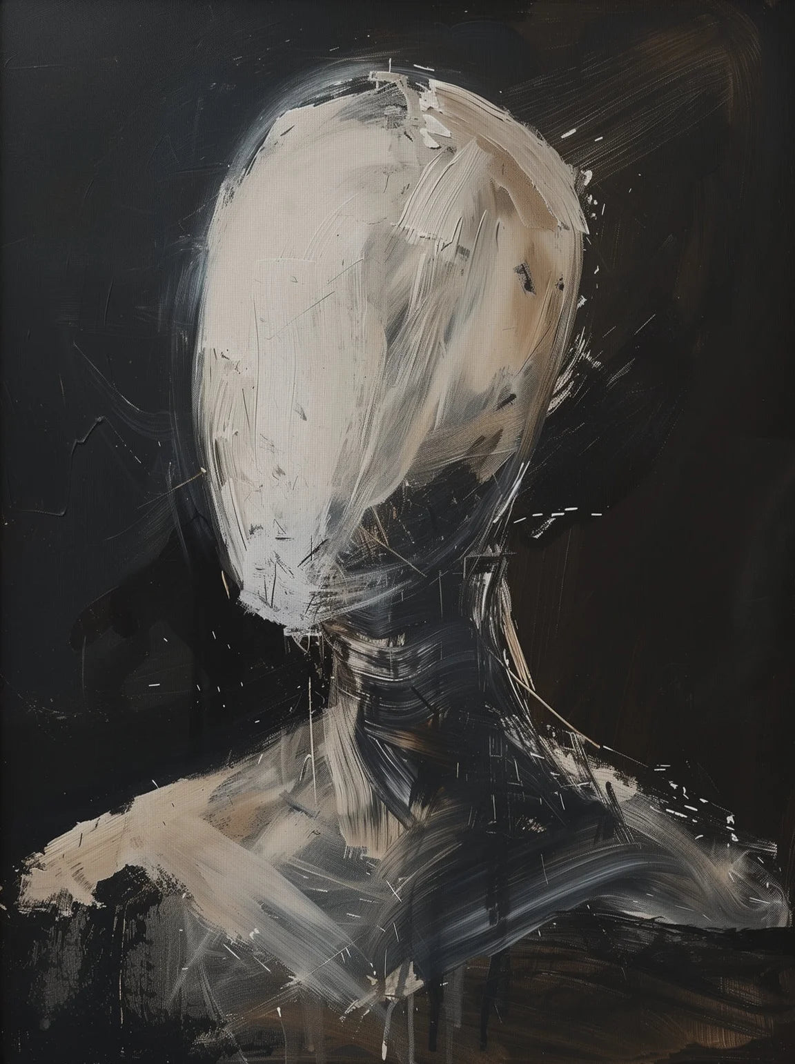 Abstract painting of a humanoid figure with a white head on a black background