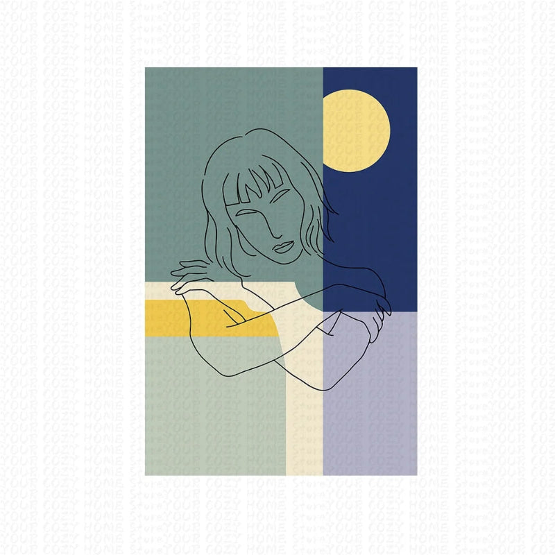 Abstract art print with a stylized woman's face and geometric shapes in green, blue, yellow, and purple on a white background.