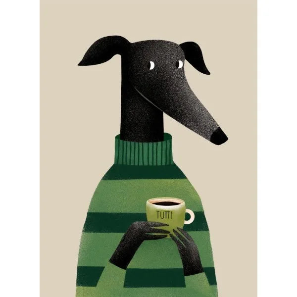 Illustration of a dog wearing a green sweater holding a TUMI mug.