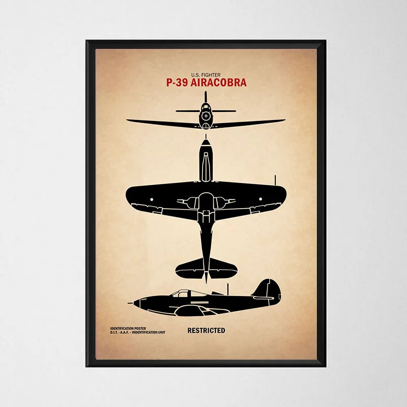 Framed poster of a black airplane silhouette with text on a beige background