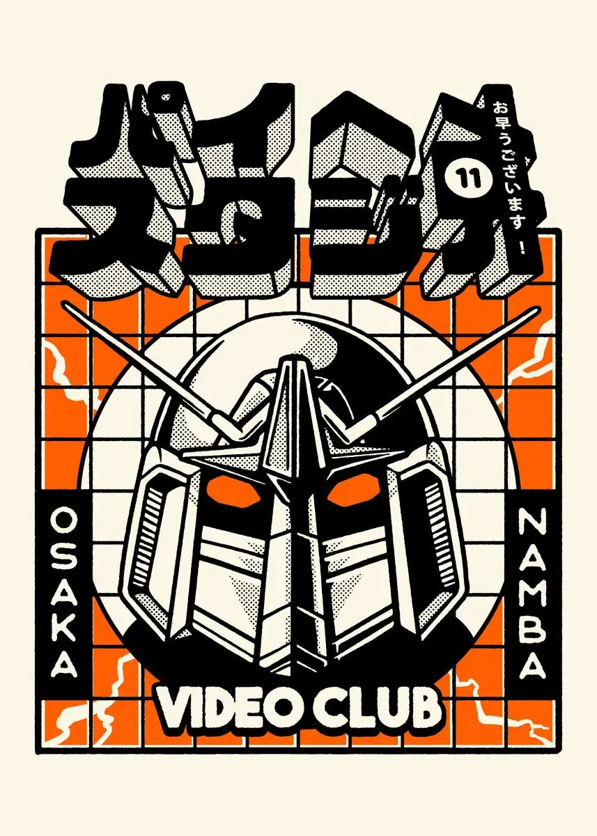 Vintage-style poster with robot design and text, featuring the Osaka Video Club in Namba.