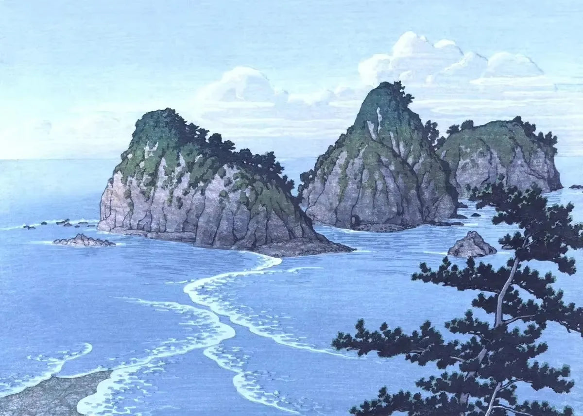 Scenic view of rocky islands and coastline with trees.