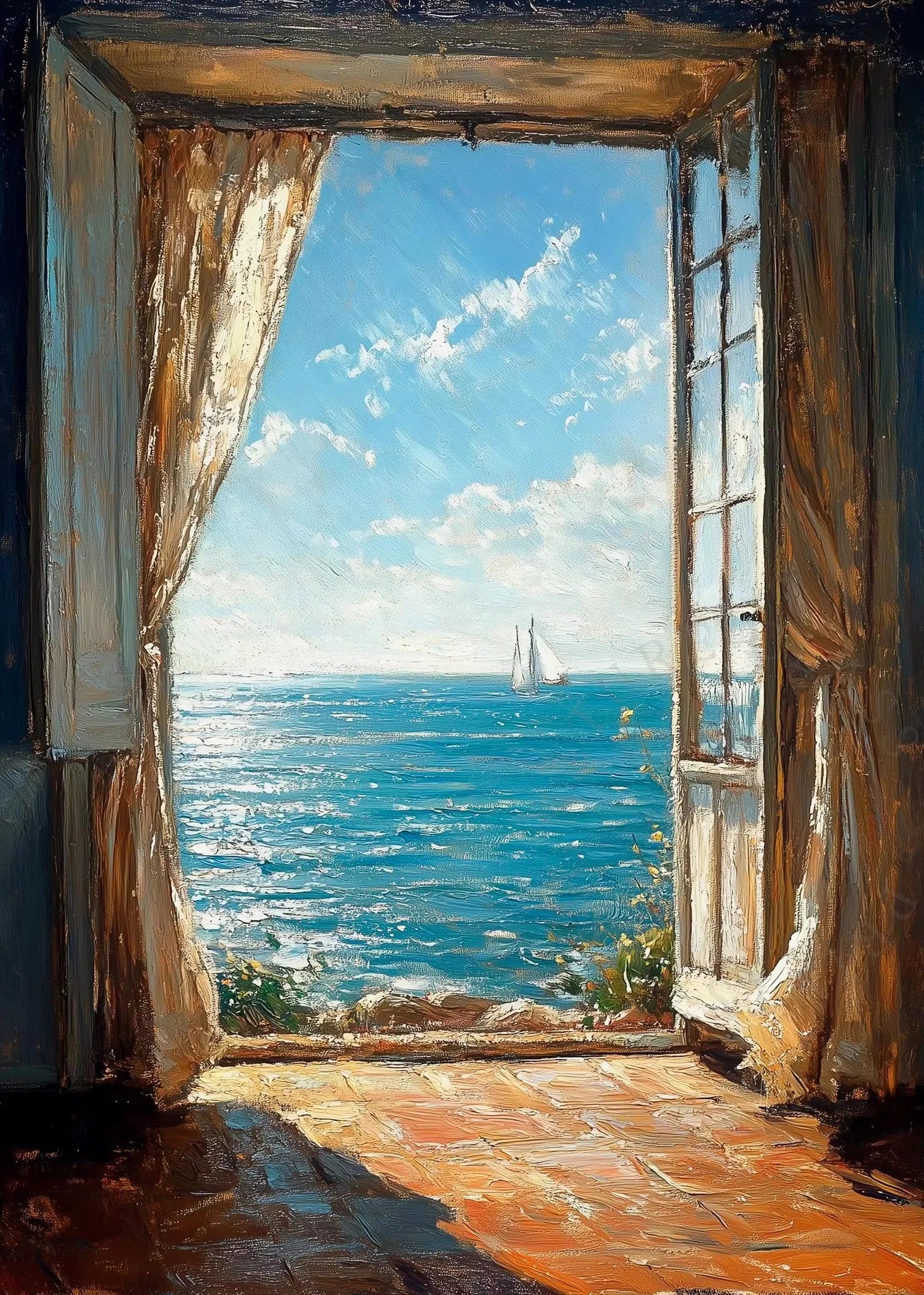 Open window with curtains showing a view of the ocean and sailboat