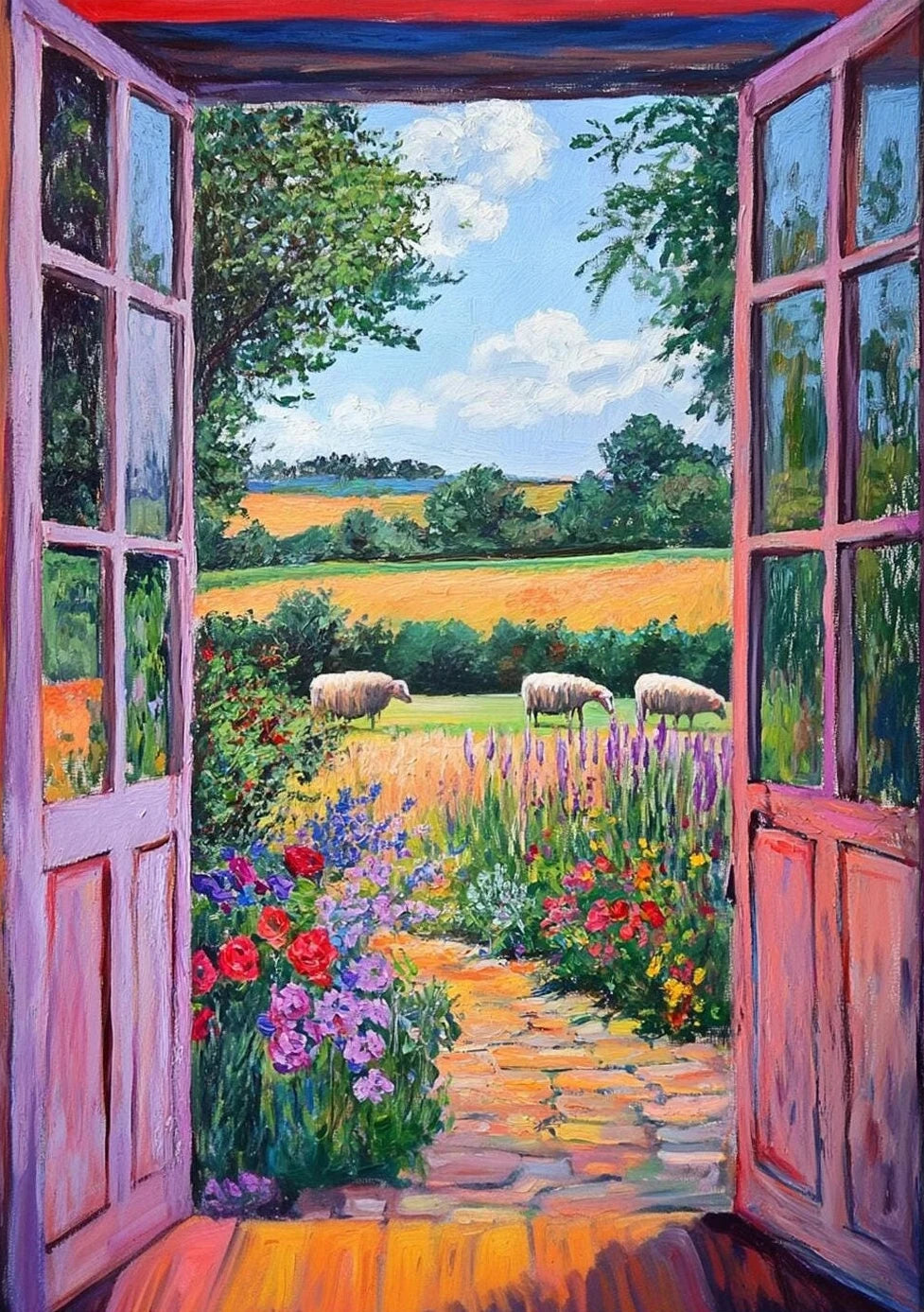 Painting of an open door leading to a garden with flowers and sheep in the distance.