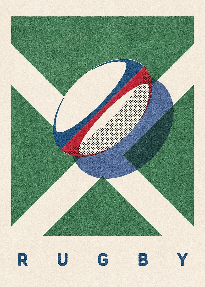 Rugby ball design with geometric shapes and 'RUGBY' text on a green and beige background
