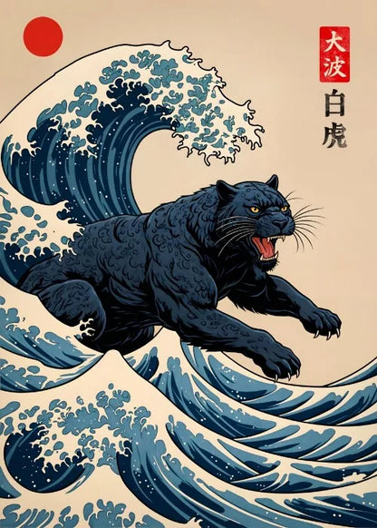 Black panther on a wave with Japanese text and red circle