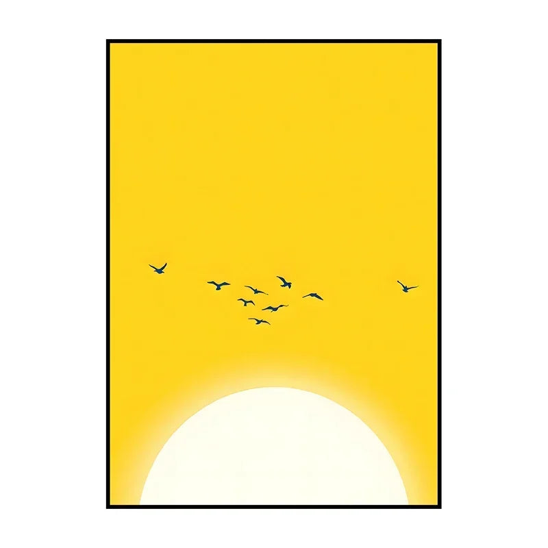 Simplified illustration of birds flying against a yellow sky with a white sun.
