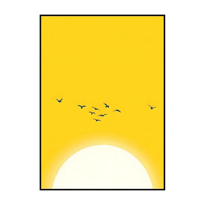 Simplified illustration of birds flying against a yellow sky with a white sun.