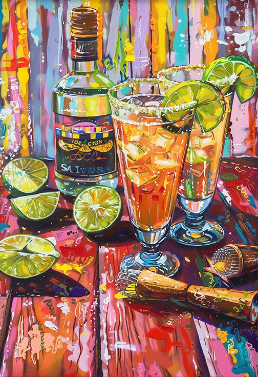 Colorful still life painting of a bottle, glasses with drinks, and limes on a vibrant background.