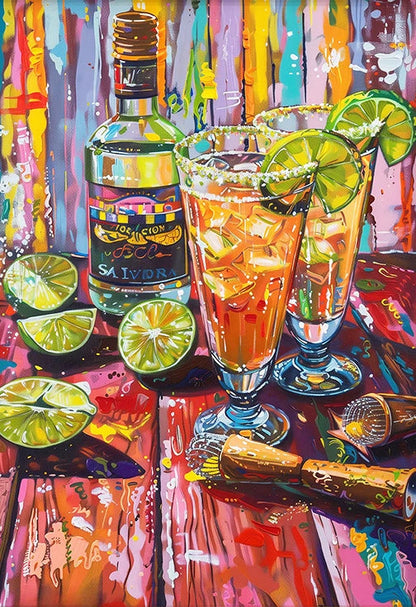 Colorful still life painting of a bottle, glasses with drinks, and limes on a vibrant background.