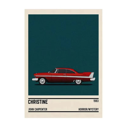 Poster of a red car with 'Christine' and 'John Carpenter' text on a dark blue background