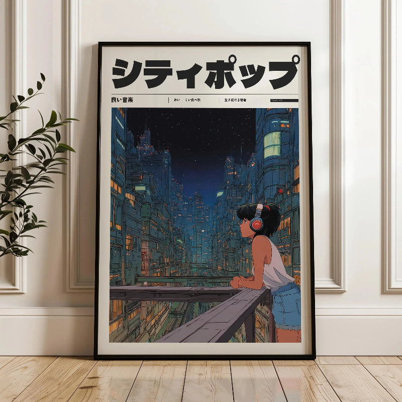 Framed poster of a person with headphones looking at a futuristic cityscape.
