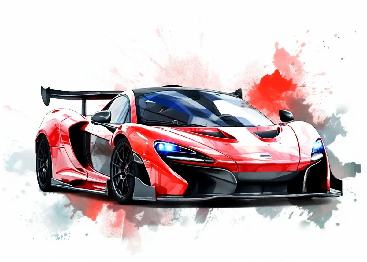 Red sports car with artistic watercolor background