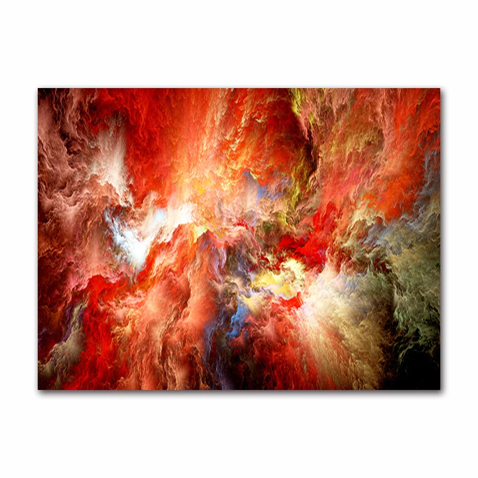 Abstract artwork with vibrant red, orange, and yellow colors on a white background