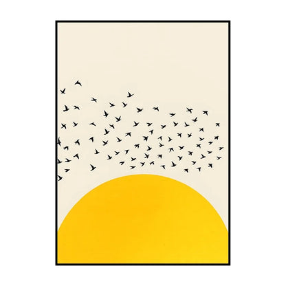 Framed artwork with black birds flying towards a yellow half-circle on a beige background
