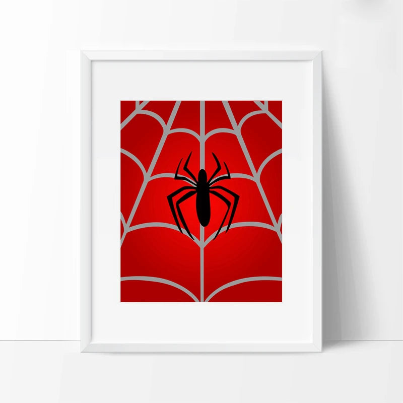Framed artwork with a red background and black spider design on a white wall.