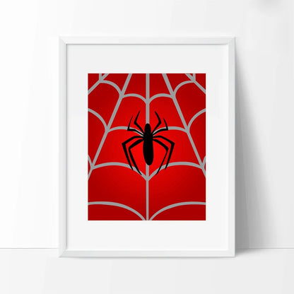 Framed artwork with a red background and black spider design on a white wall.
