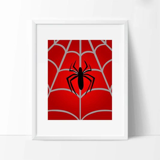Framed artwork with a red background and black spider design on a white wall. Canvas & Curio