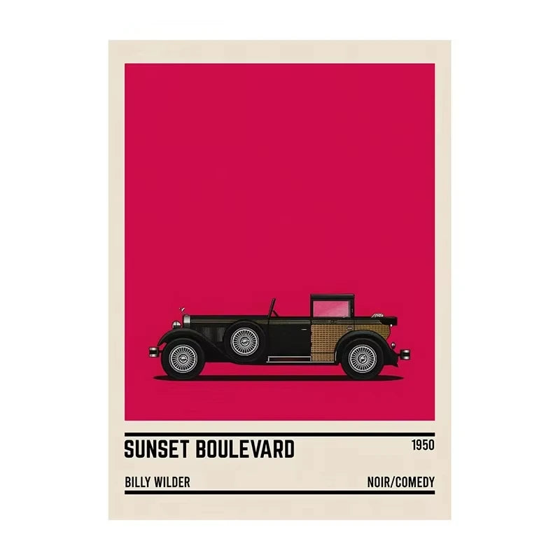 Poster of a vintage car with 'Sunset Boulevard' text on a red background