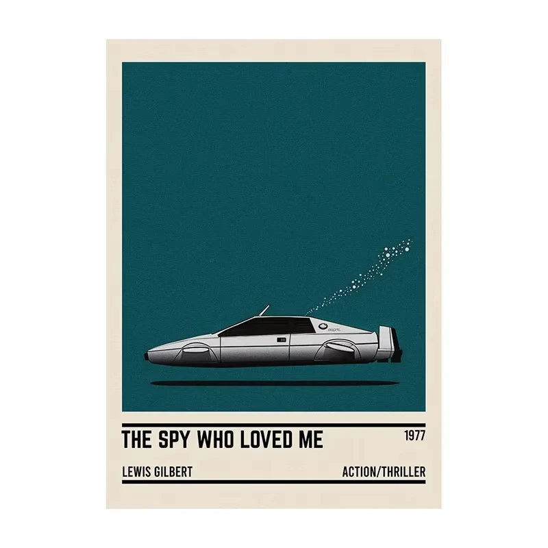 Movie poster for 'The Spy Who Loved Me' with a car illustration on a blue background