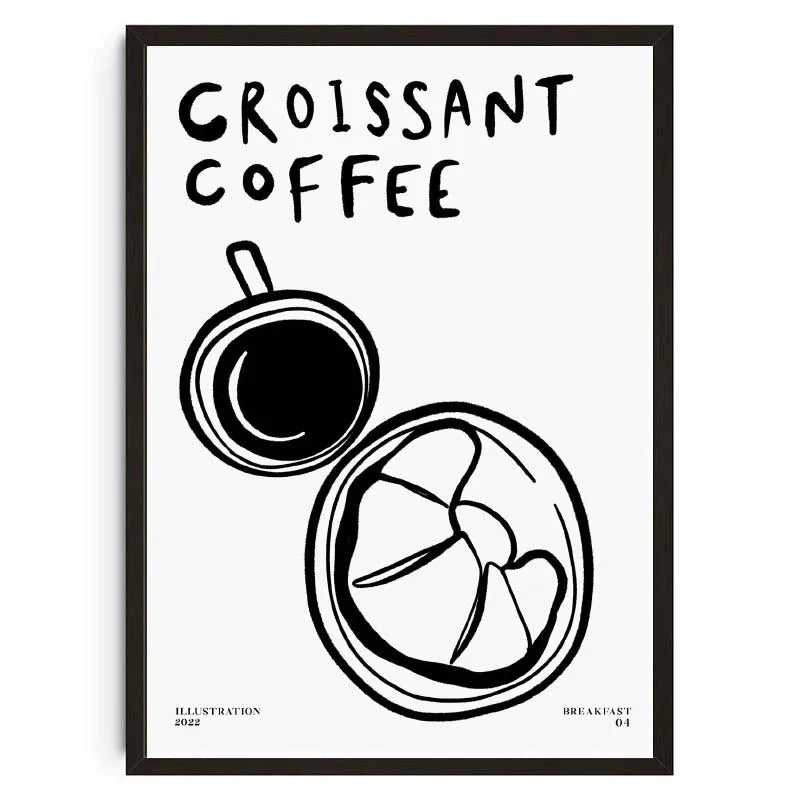 Poster with 'Croissant Coffee' text and illustrations of a coffee cup and croissant on a white background.