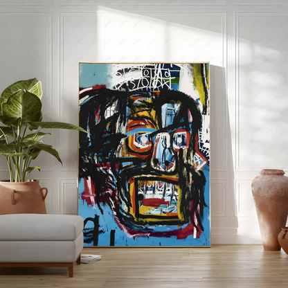 Abstract painting in a living room setting with a plant and vase.