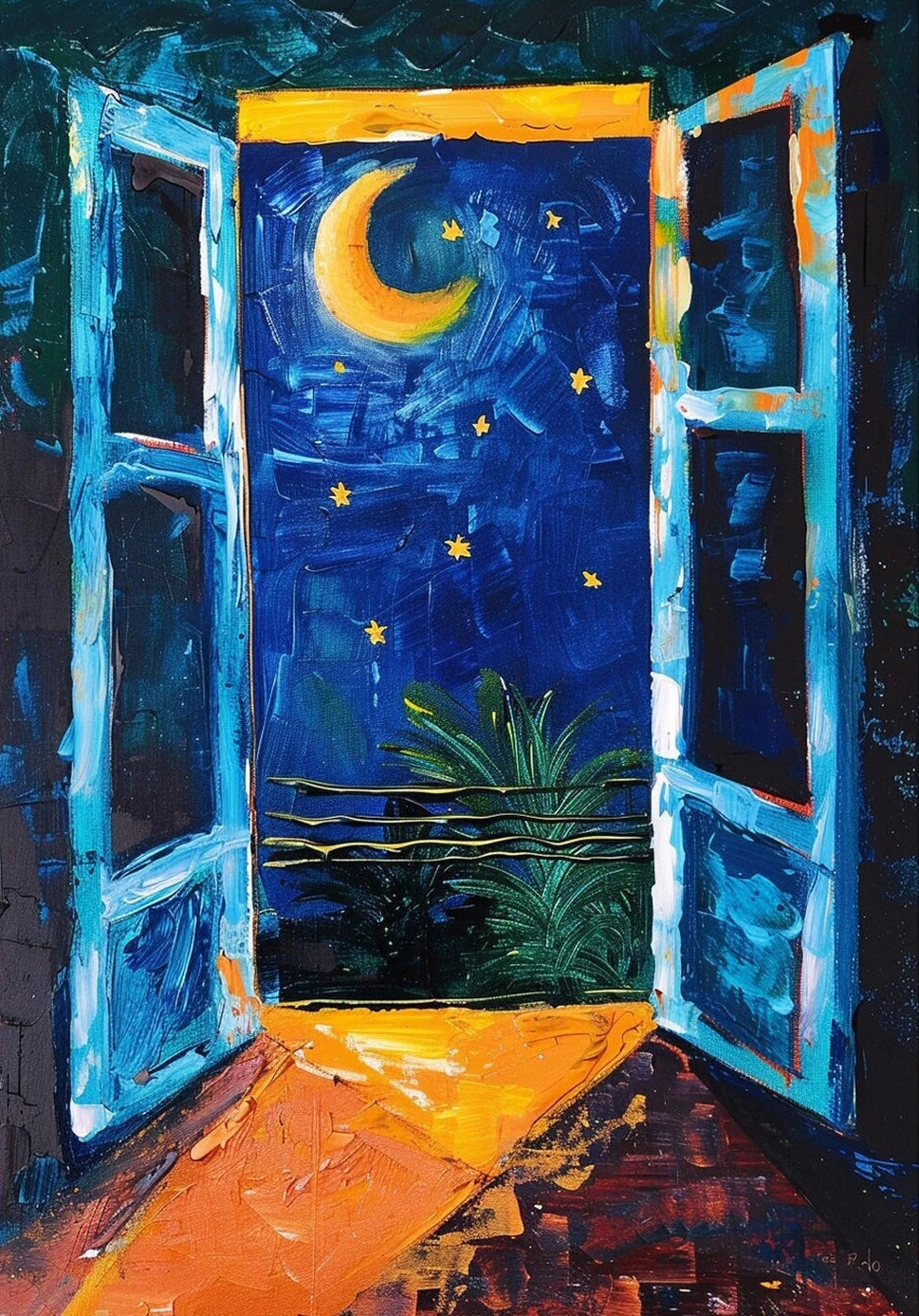 Open window with view of a starry night sky and crescent moon.