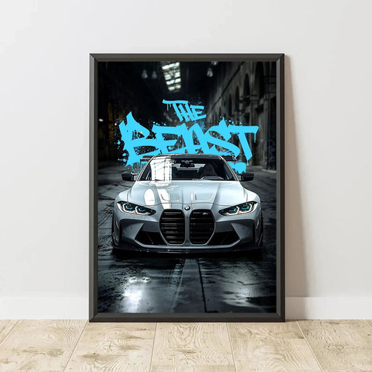 Framed poster of a BMW car with 'The Beast' text on a dark background Canvas & Curio