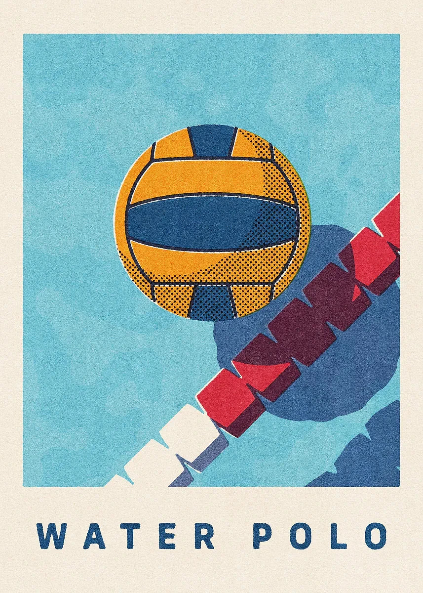 Illustration of a water polo ball and stick on a blue background with 'WATER POLO' text.