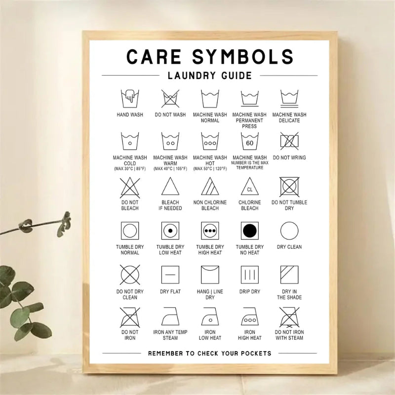 Framed laundry care symbols chart on a beige wall with a plant to the left.