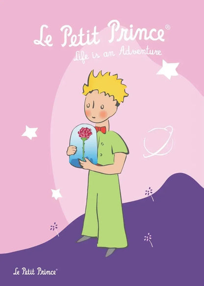 Cover of 'Le Petit Prince' with a child holding a flower against a pink and purple background