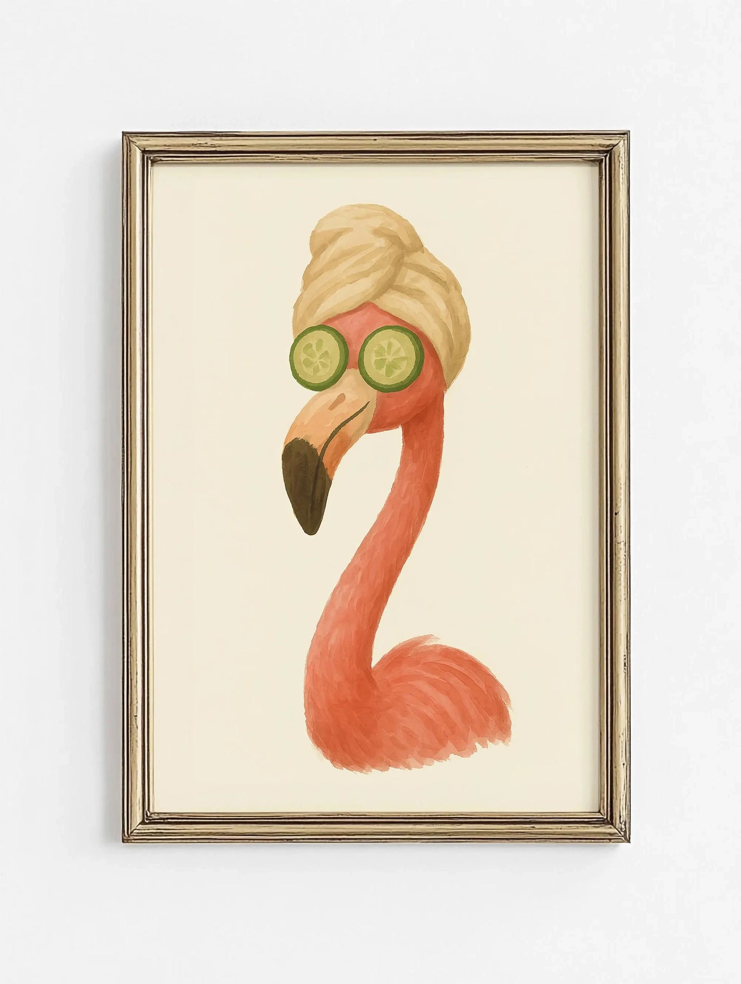 Framed artwork of a flamingo wearing sunglasses and a turban on a beige background