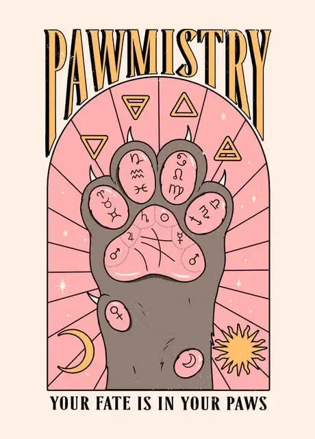Cartoon paw with astrological symbols on a pink background with 'PAWMISTRY' text.